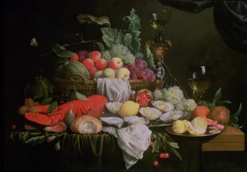 Nature morte avec citron, huîtres, homard et fruits, 1658
